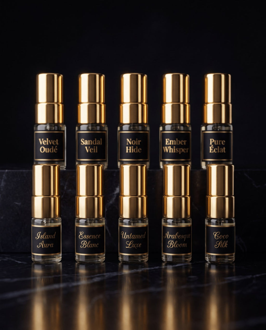 Sirta Scents Complete Discovery Experience set of ten 2ml luxury Extrait de Parfum sample vials arranged in a gold accented presentation box