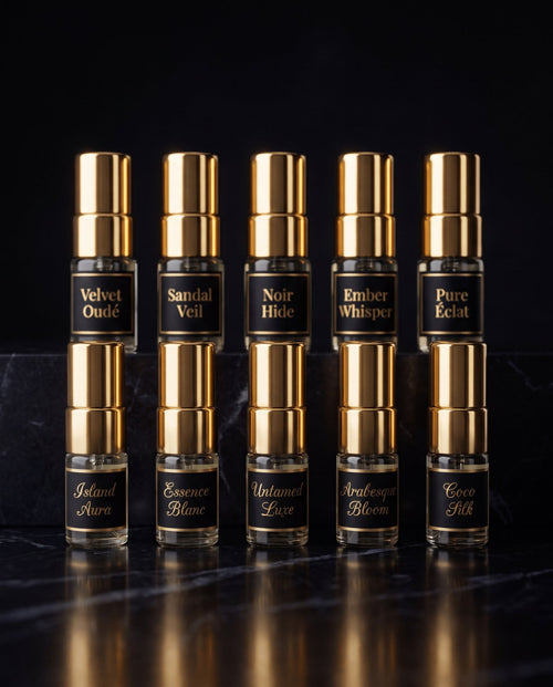 Sirta Scents Complete Discovery Experience set of ten 2ml luxury Extrait de Parfum sample vials arranged in a gold accented presentation box