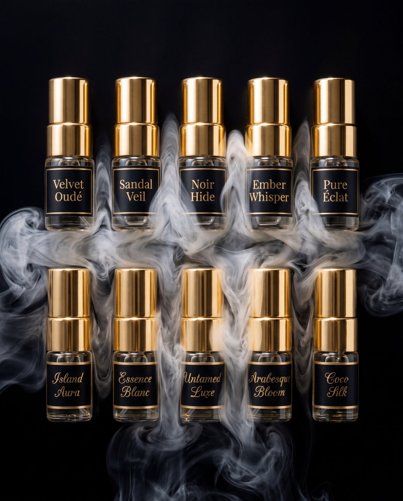 Close up of the Complete Discovery Experience sample vials showcasing the full Sirta Scents fragrance collection with elegant gold labelling
