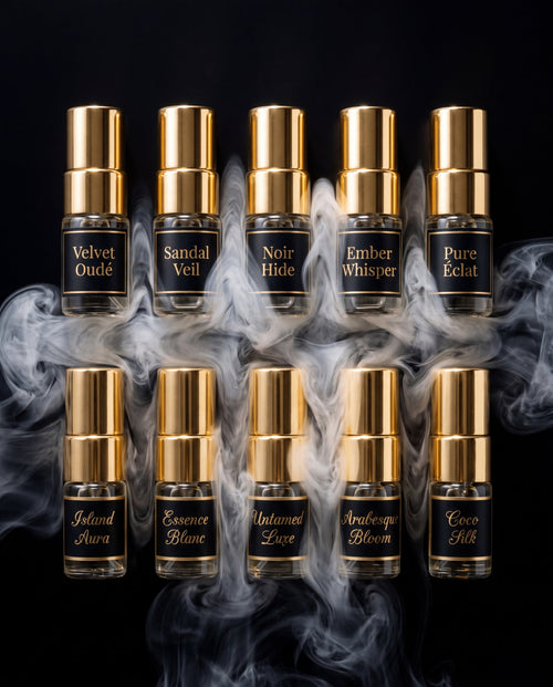 Close up of the Complete Discovery Experience sample vials showcasing the full Sirta Scents fragrance collection with elegant gold labelling