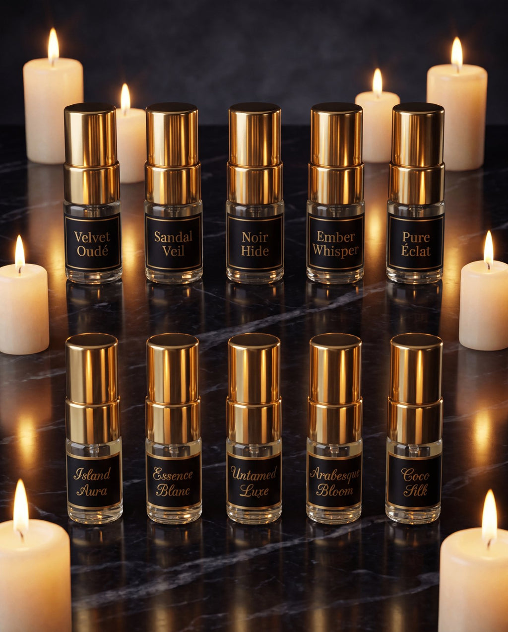 Complete Discovery Experience gift box styled in a luxury flat lay with cream and gold Sirta Scents branding
