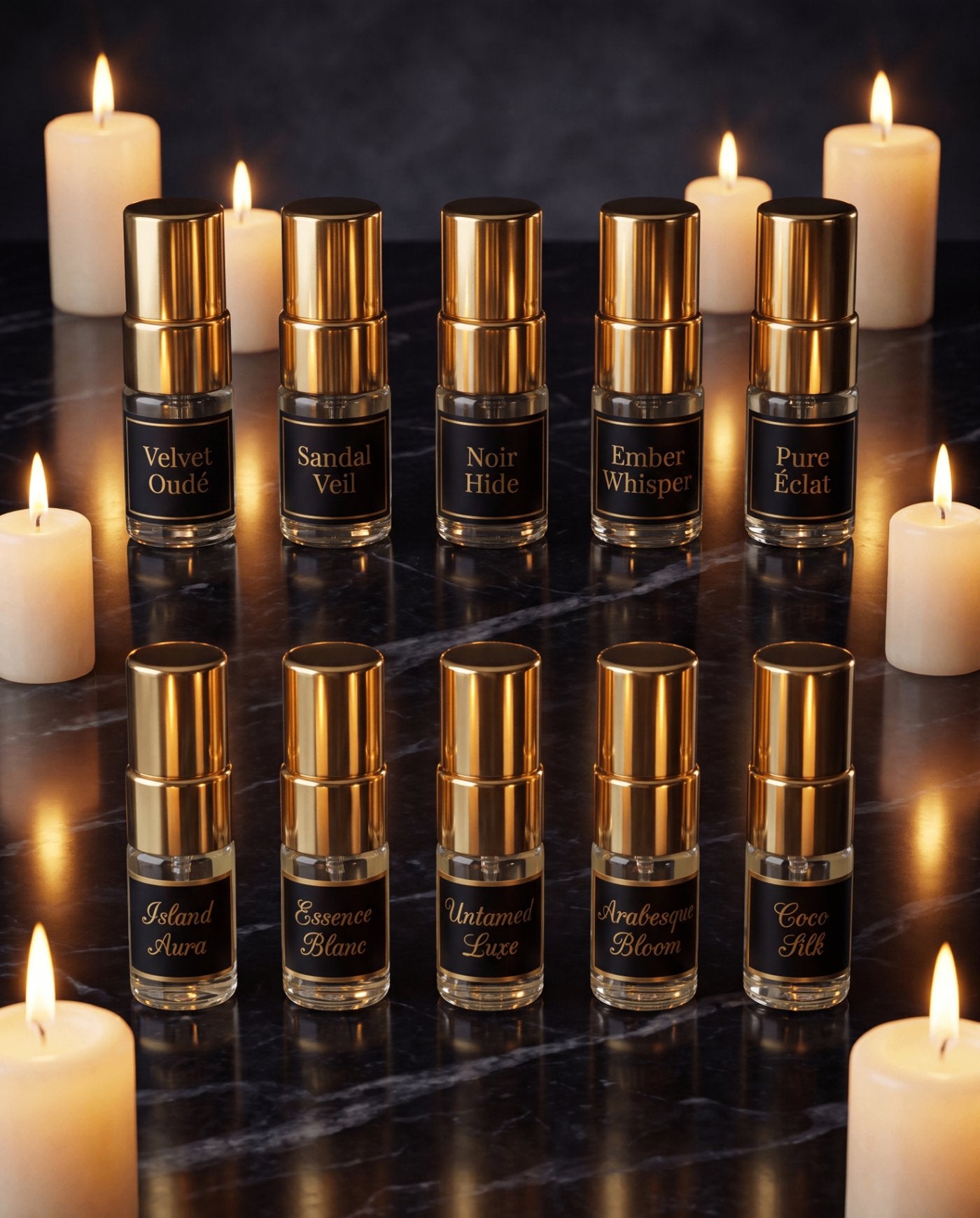 Complete Discovery Experience gift box styled in a luxury flat lay with cream and gold Sirta Scents branding