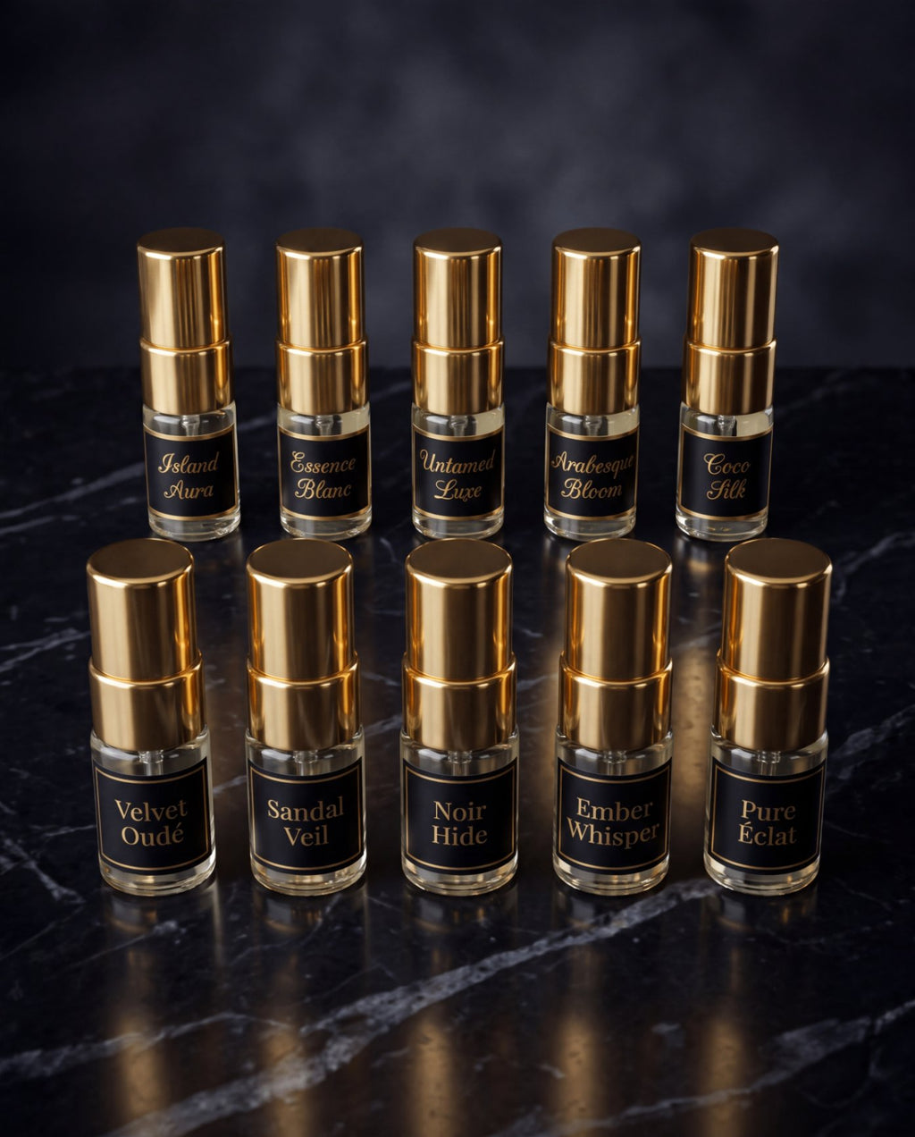 Lifestyle shot of the Sirta Scents Complete Discovery set with all ten signature perfume samples ready for at home fragrance testing