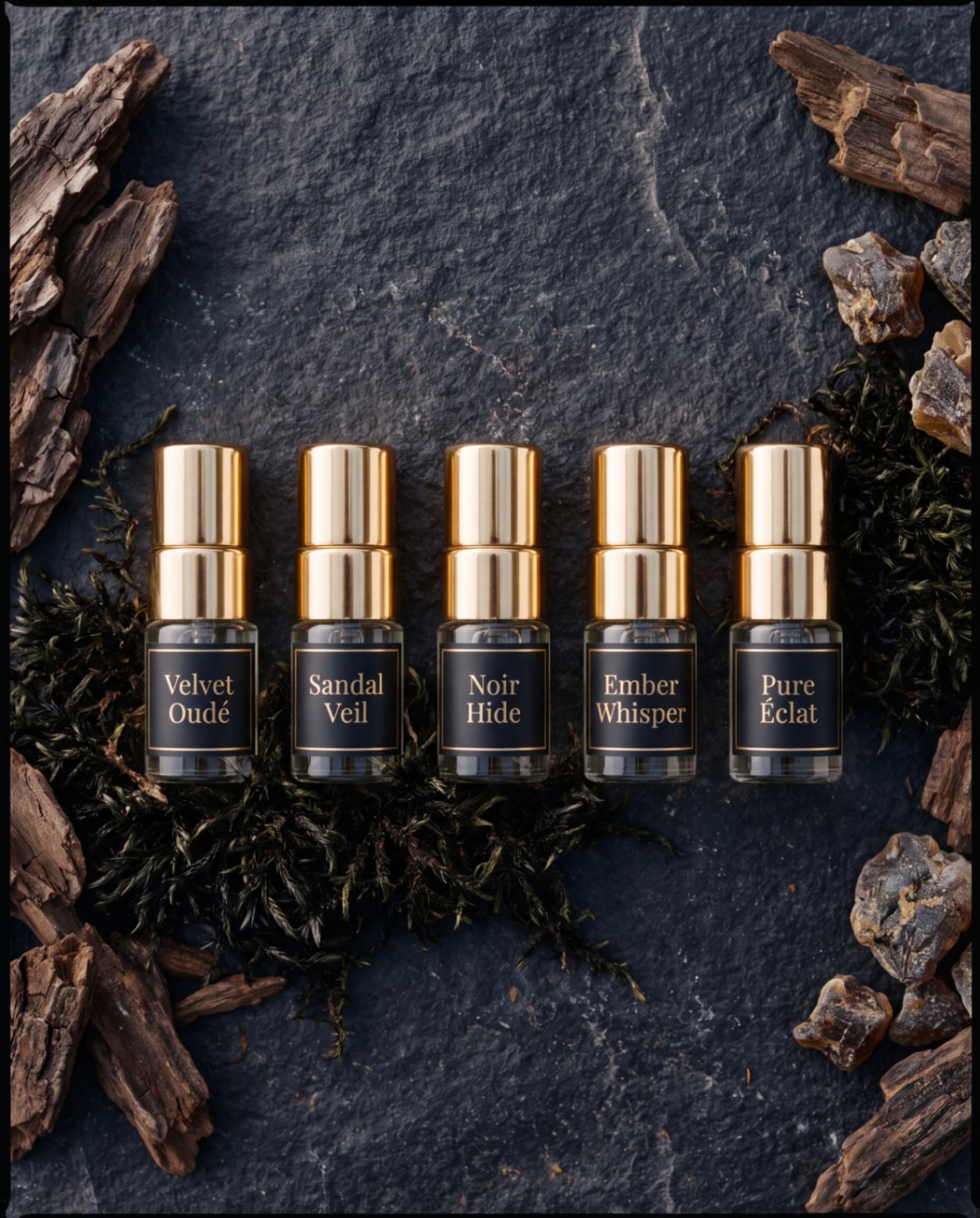 Sirta Scents Discovery Set Essence Collection featuring five signature Extrait de Parfum sample vials in a luxury cream and gold presentation box