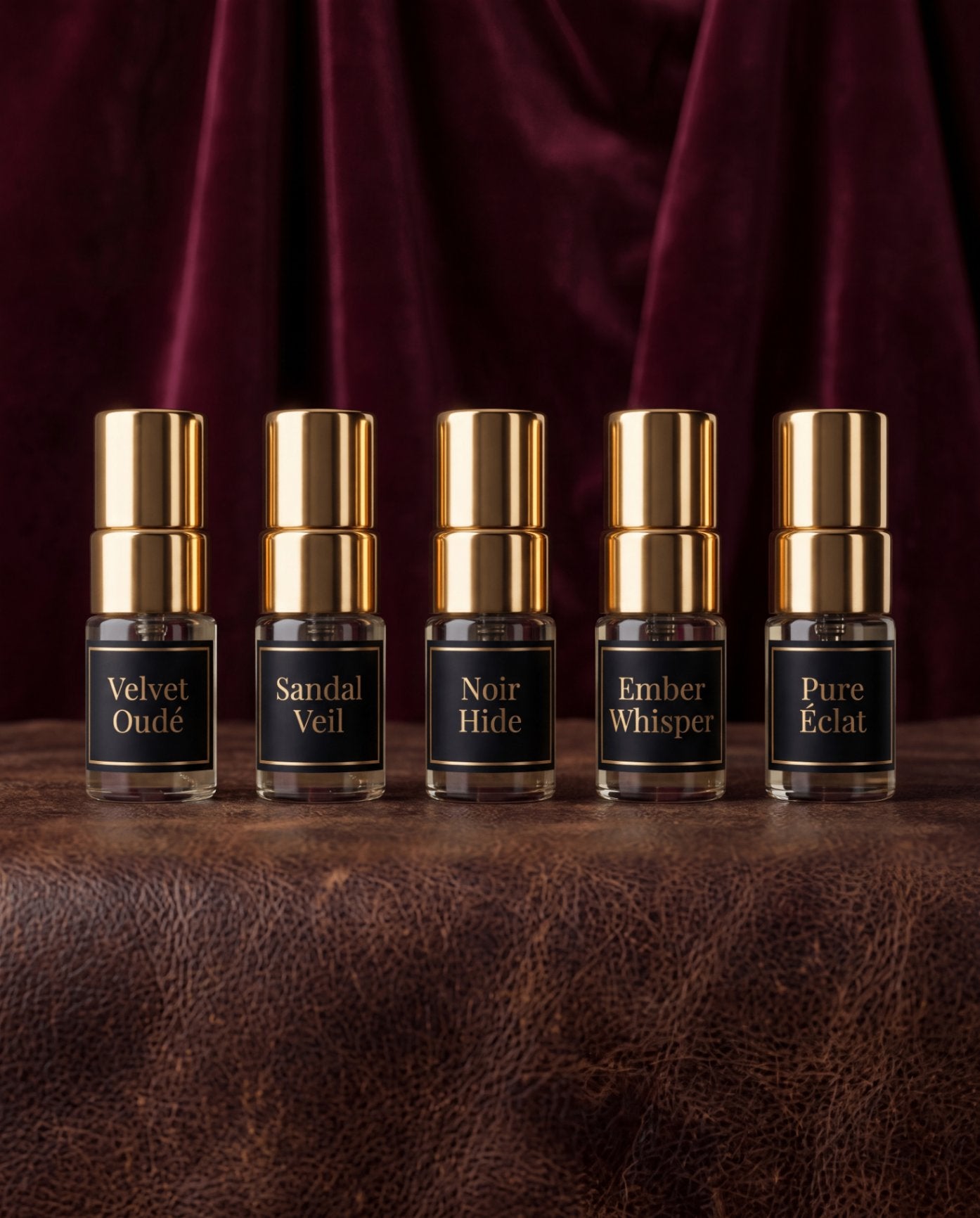 Close up of the Essence Collection discovery vials showcasing the soft, elegant Sirta Scents fragrance family with gold detailing