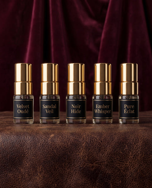 Close up of the Essence Collection discovery vials showcasing the soft, elegant Sirta Scents fragrance family with gold detailing