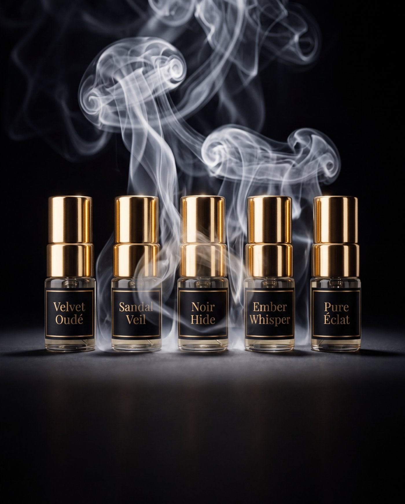 Discovery Set Essence Collection gift box styled in a luxury flat lay with cream and gold Sirta Scents branding