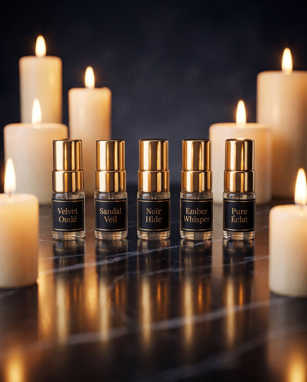 Lifestyle shot of the Sirta Scents Essence Collection discovery samples ready for at home fragrance testing